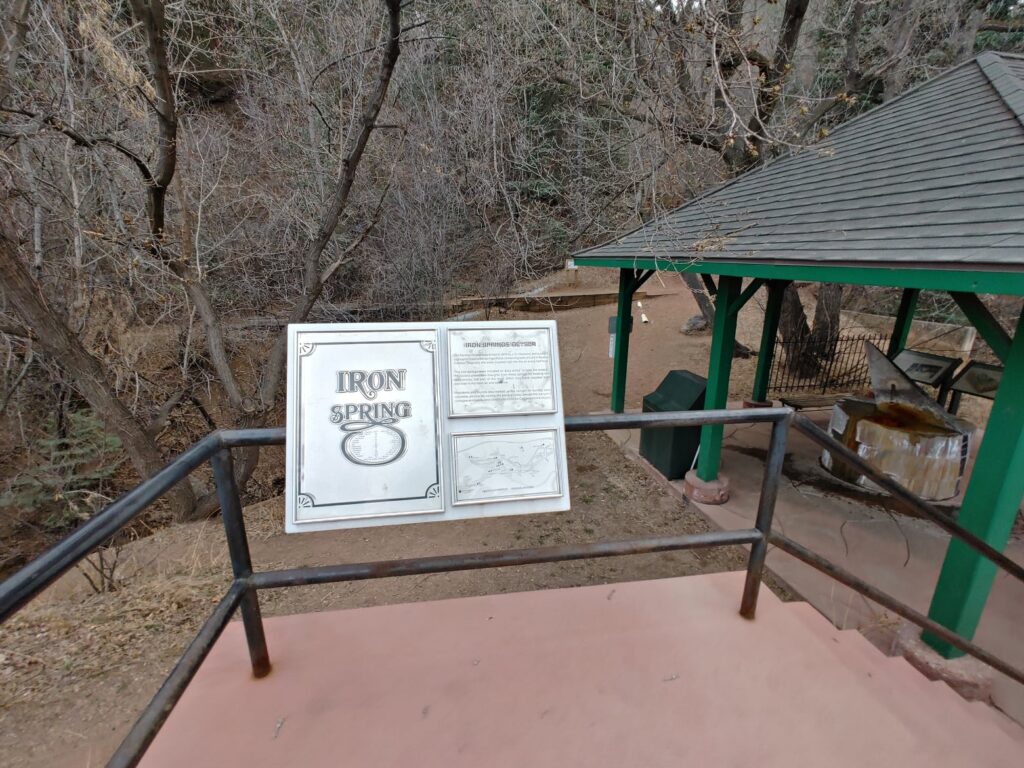 Iron Spring Geyser sign and pavilion in Manitou Springs