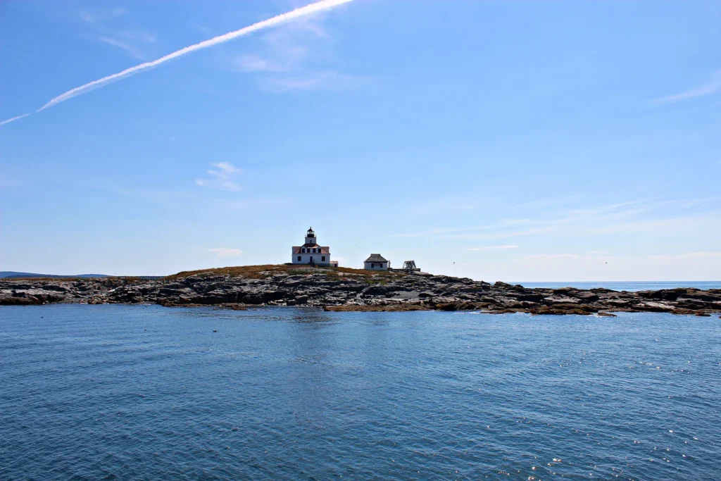 blue water of Frenchman Bay in the foreground with a rocky island and small white lighthouse sitting in the center