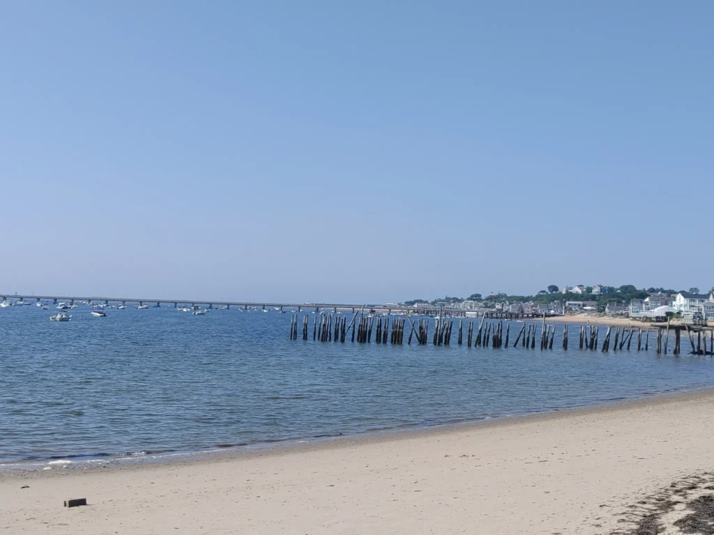Provincetown harbor with boats and a sandy beach along the shoreline