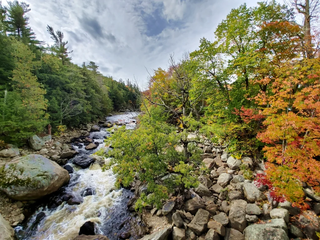 Rocky river flowing through a forest with colorful fall foliage and dramatic cloudy skies.