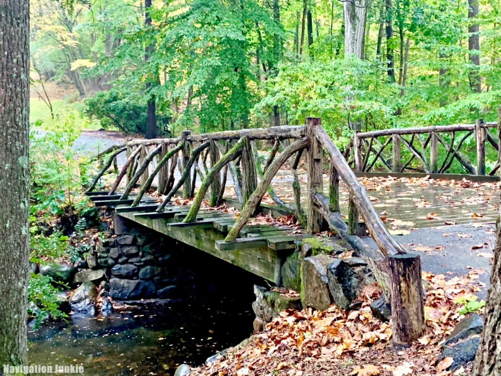 a wooden bridge crossing a small river covered with fallen leaves