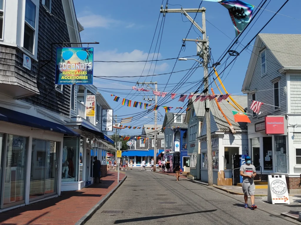 Colorful shops and buildings along a Commericial Street, one of the best spots in Provincetown with kids 
