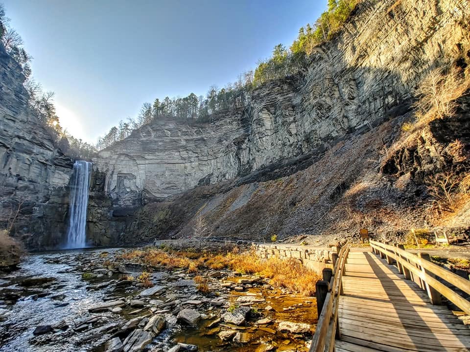 Taughannock Falls plunging into a dramatic gorge in New York's Finger Lakes region.