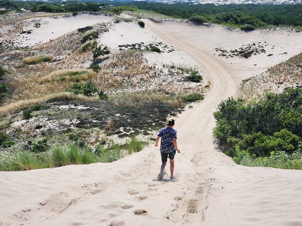 young boy running down the sand dunes surrounded by greenery, with homes in the distance 