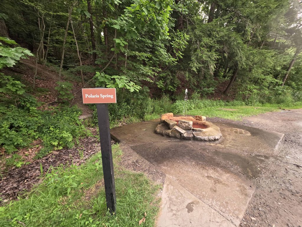 Polaris Spring flowing from a small stone-lined spring surrounded by green forest.