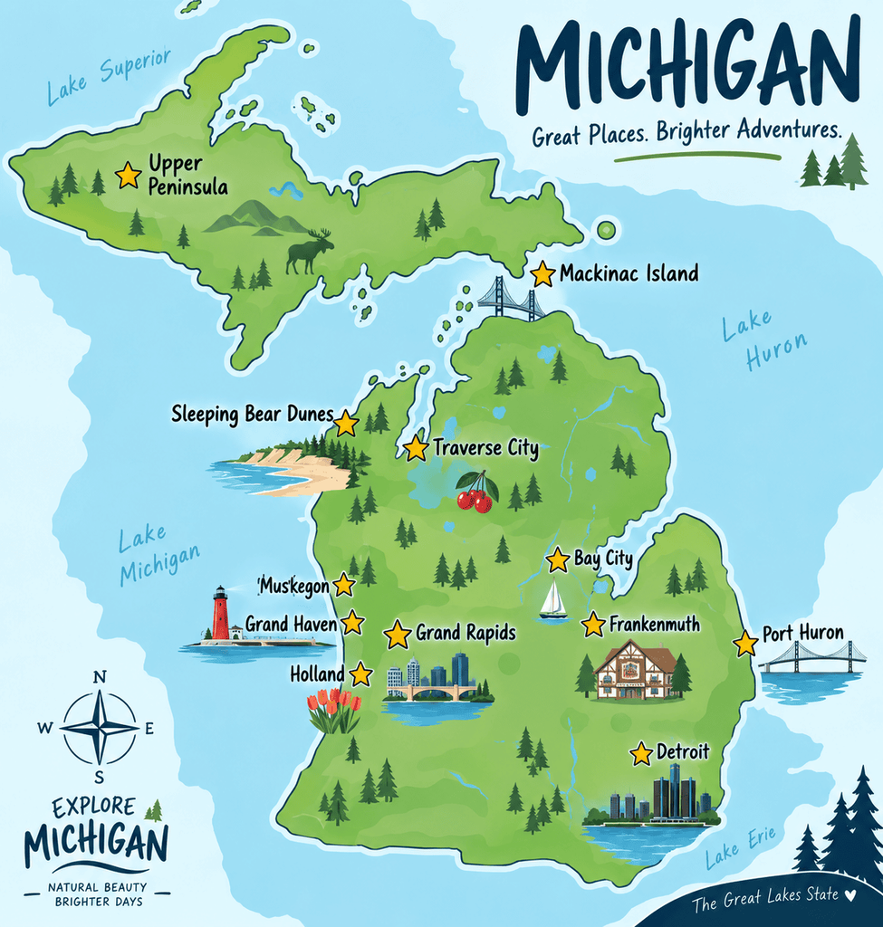map of the top Michigan family vacations