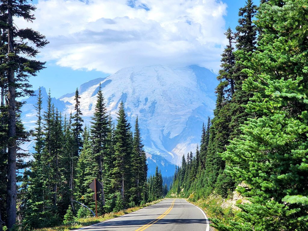 Mount Rainier towering above a scenic forest-lined mountain road, scenic drives are one of the best things to do in Mount Rainier National Park with kids