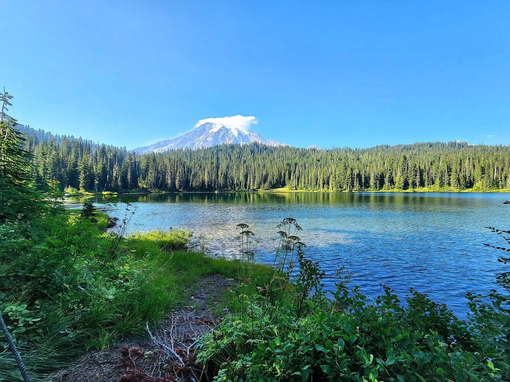 Scenic view of Mount Rainier above an alpine lake and evergreen forest